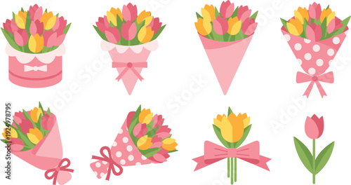 Spring Tulip Flower Bouquet Vector Set with Pink and Yellow Blossoms in Gift Boxes and Polka Dot Floral Wraps