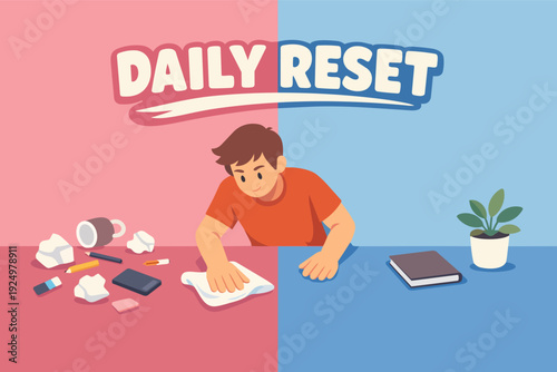 Person doing a daily reset, cleaning a messy desk transforming it into an organized space