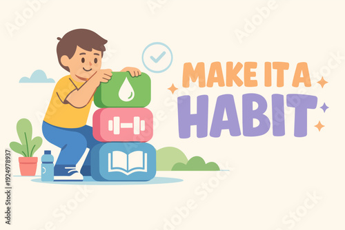 Forming healthy lifestyle habits concept with a smiling boy stacking blocks