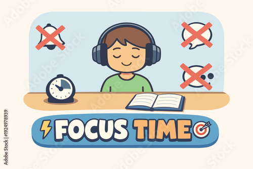 Boy wearing headphones focusing on studying, avoiding distractions during focus time