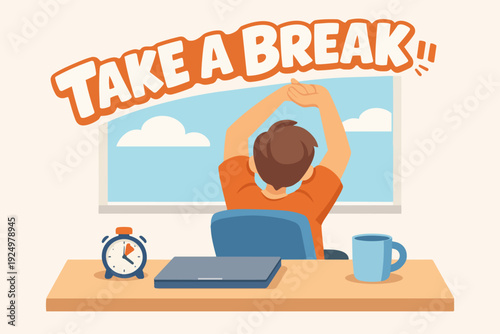 Person taking a break from work, stretching arms at desk with laptop and coffee