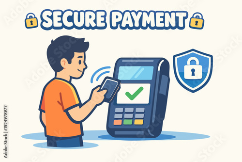 Person making secure contactless payment with smartphone at terminal