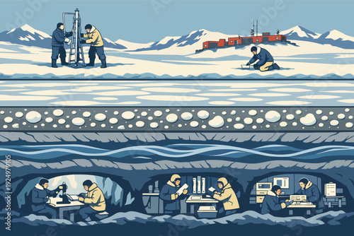 Scientists studying ice core samples in polar region for climate change research