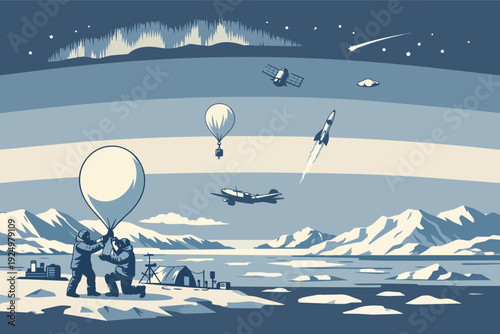 Arctic research expedition deploying weather balloon for atmospheric study