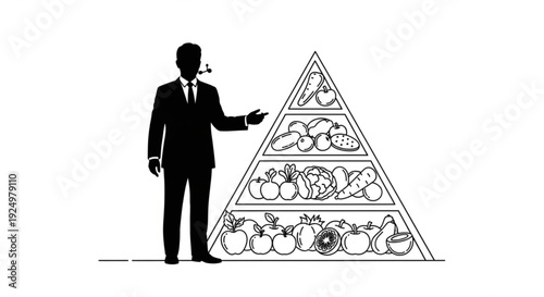 A businessman presenting a pyramid illustrating the food chain concept from producers to top predators