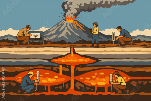 Geologists studying volcano eruption and magma chamber activity