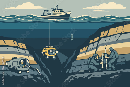 Deep sea mining operation. Exploring and extracting resources from ocean floor