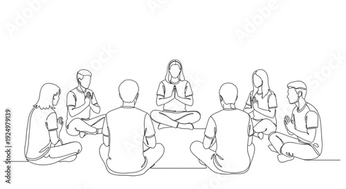 Group of people meditating together in a serene environment from a top-down viewpoint