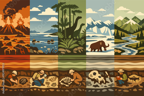 Earth's geological history and life evolution showing paleontological exploration