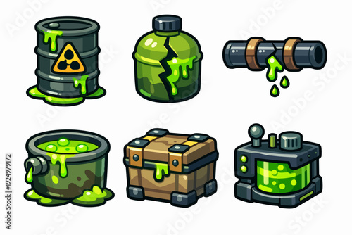 Toxic chemical waste elements and radioactive pollution set for game design