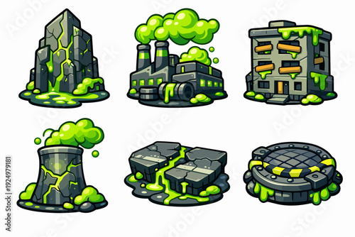Post-apocalyptic landscape elements with green toxic waste and nuclear pollution