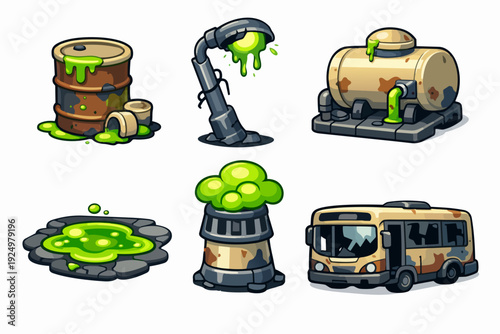 Post-apocalyptic toxic waste objects with green goo leak for game design