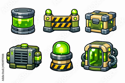Sci-fi game assets showing various cartoon style toxic and radioactive objects