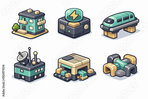 Building urban infrastructure with isometric icons for city planning and development