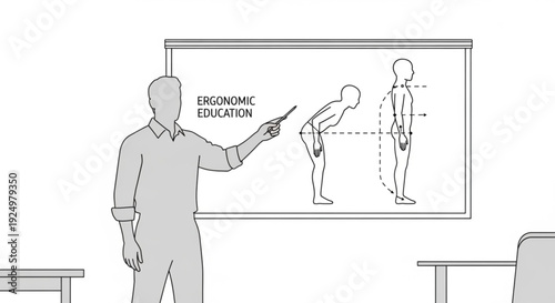 Man giving ergonomic education lecture in a classroom setting from a front viewpoint
