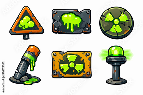 Cartoon set of rusty toxic hazard signs and radioactive symbols