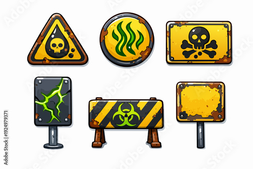 Rusting hazard warning signs collection representing danger, alert, and toxic materials