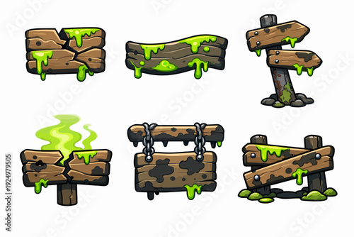 Zombie apocalypse game assets featuring damaged wooden signs with toxic goo