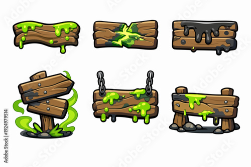 Wooden sign game asset collection with toxic slime and cracked wood elements