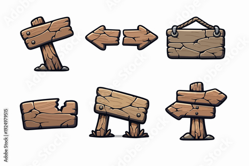 Rustic wooden signs set for game assets or user interface elements