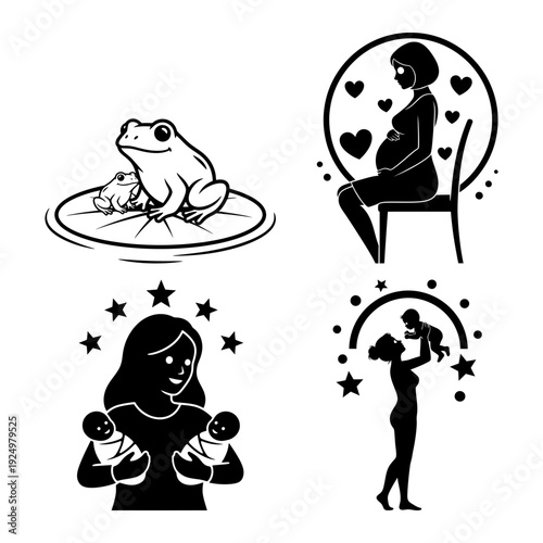 Motherhood pregnancy twins and frog silhouette icon bundle