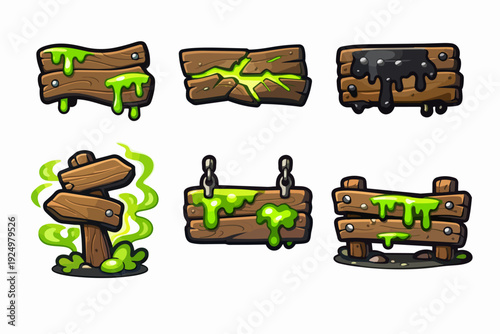 Wooden sign game user interface assets with dripping green toxic goo poison slime