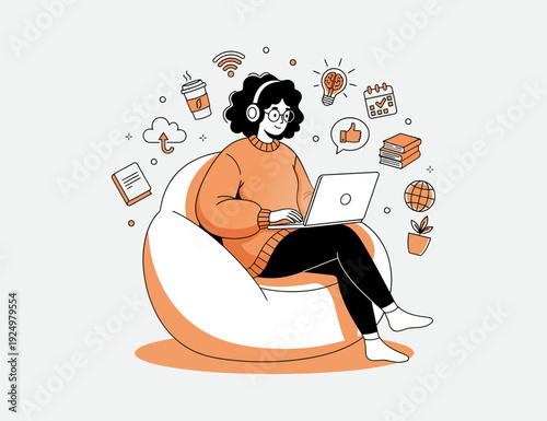 background illustration of a woman using a laptop