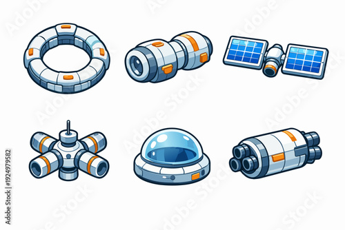 Sci-fi space station modules and satellite icons for game design and exploration