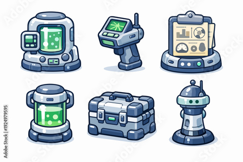 Science laboratory equipment illustrations set, researching future technology and discoveries