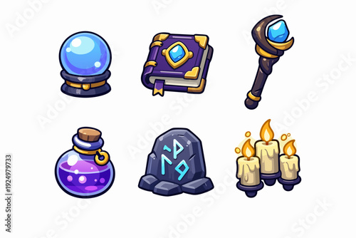Fantasy magic items for wizard or witch, designing ui game assets