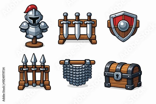 Medieval fantasy game icons set featuring knight armor, weapons, and treasure chest