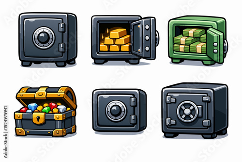 Safes collection holding gold bars, cash, and jewels representing wealth and security