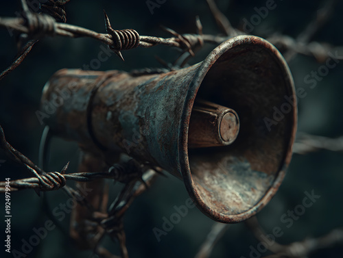 Wallpaper Mural A megaphone clad in barbed wire. The idea of preventing freedom of speech. A megaphone designed to enforce censorship. Torontodigital.ca