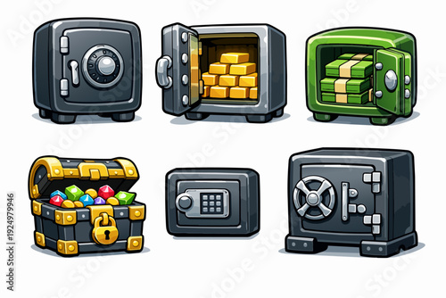 Safes and treasure chest storing wealth assets like gold bars and money