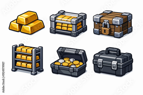 Gold bars and coins in chests and racks, wealth and treasure concept