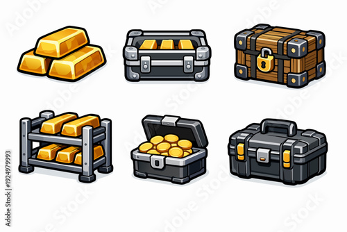 Gold bars, ingots, and treasure chest icons for game assets and financial concepts
