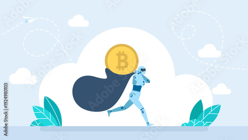 Robotic thief running fast and stealing golden bitcoin coin on blue cloud background. Concept of cyber crime, cryptocurrency fraud and artificial intelligence hacker attack. Vector illustration.