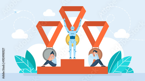 Artificial intelligence robot winning first place on pedestal over sad humans. Concept of job replacement, technology superiority in business competition and future automation. Vector illustration.
