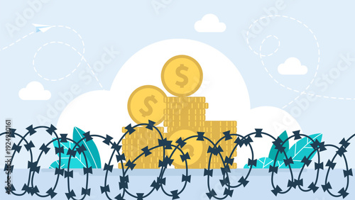 Financial security concept with gold coins stack protected by barbed wire fence on blue background. Business safety, investment insurance and capital protection symbol. Vector illustration.