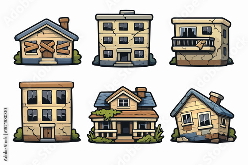 Abandoned old buildings cartoon set showing dilapidated houses and apartments