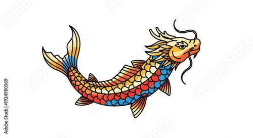 Colorful Dragon Koi Fish Illustration on White Background