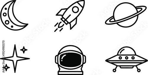 Set of space and astronomy icons including moon rocket planet star astronaut and UFO in a simple outline vector style for science and exploration concepts
