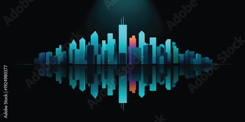 A blue 3d vector illustration showing a financial stock market graph with a growth arrow rising over a city skyline concept to represent business success and report data