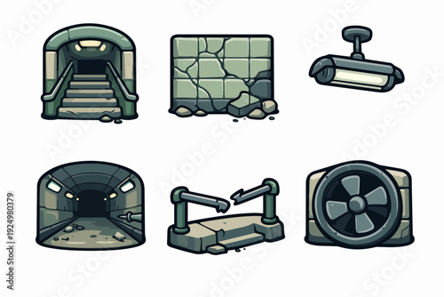 Isometric post-apocalyptic underground shelter elements set for game assets