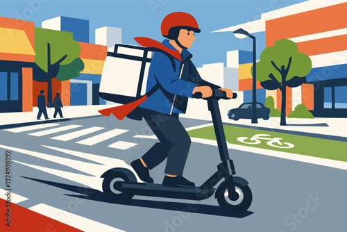 Courier rider delivering food on electric scooter in a bustling city street