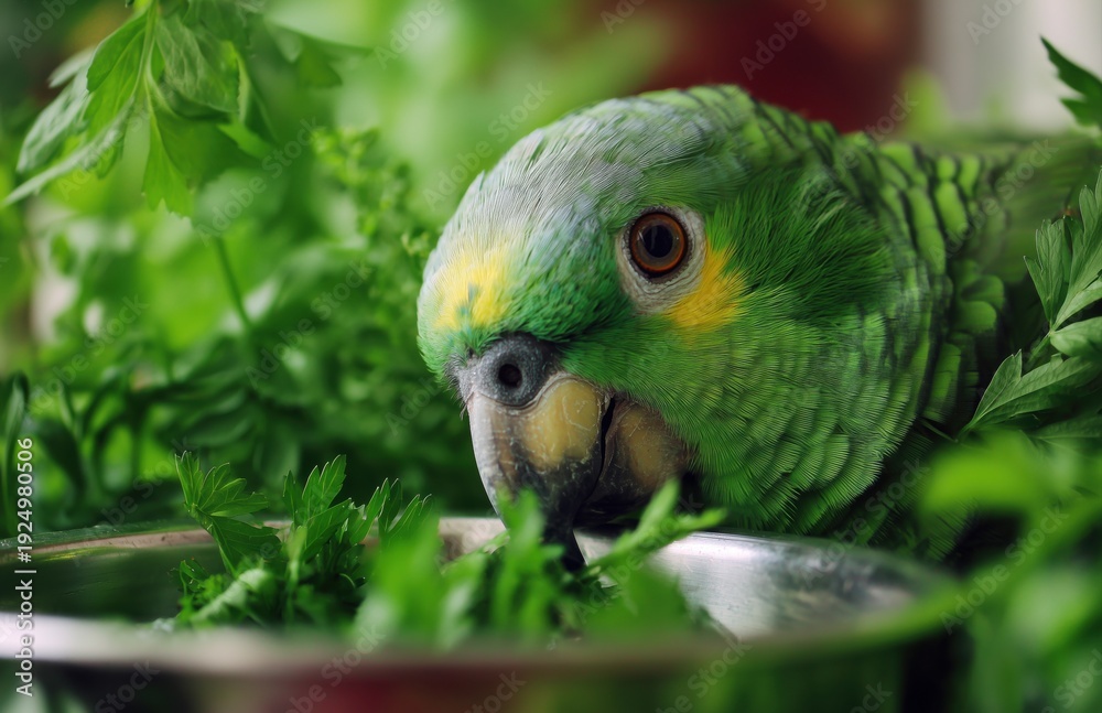 Obraz premium Green Parrot Close Up With Fresh Herbs In Bowl
