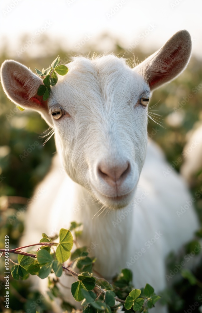 Obraz premium White goat portrait with clover leaves in spring meadow