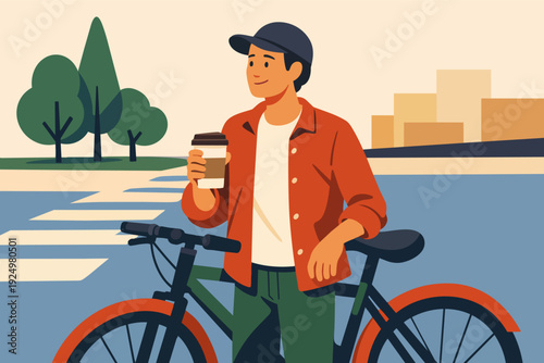 Young man riding bicycle around city enjoying morning coffee commute