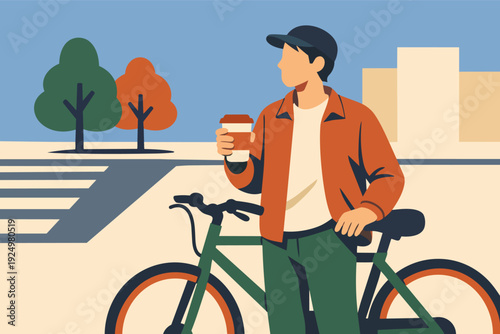 Man holding a cup of coffee, standing with his bike on an urban street