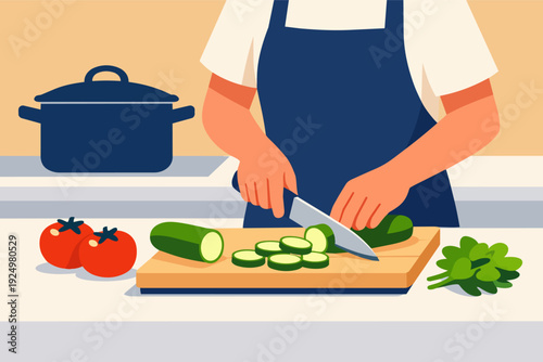 Person chopping zucchini on cutting board preparing fresh vegetables for cooking